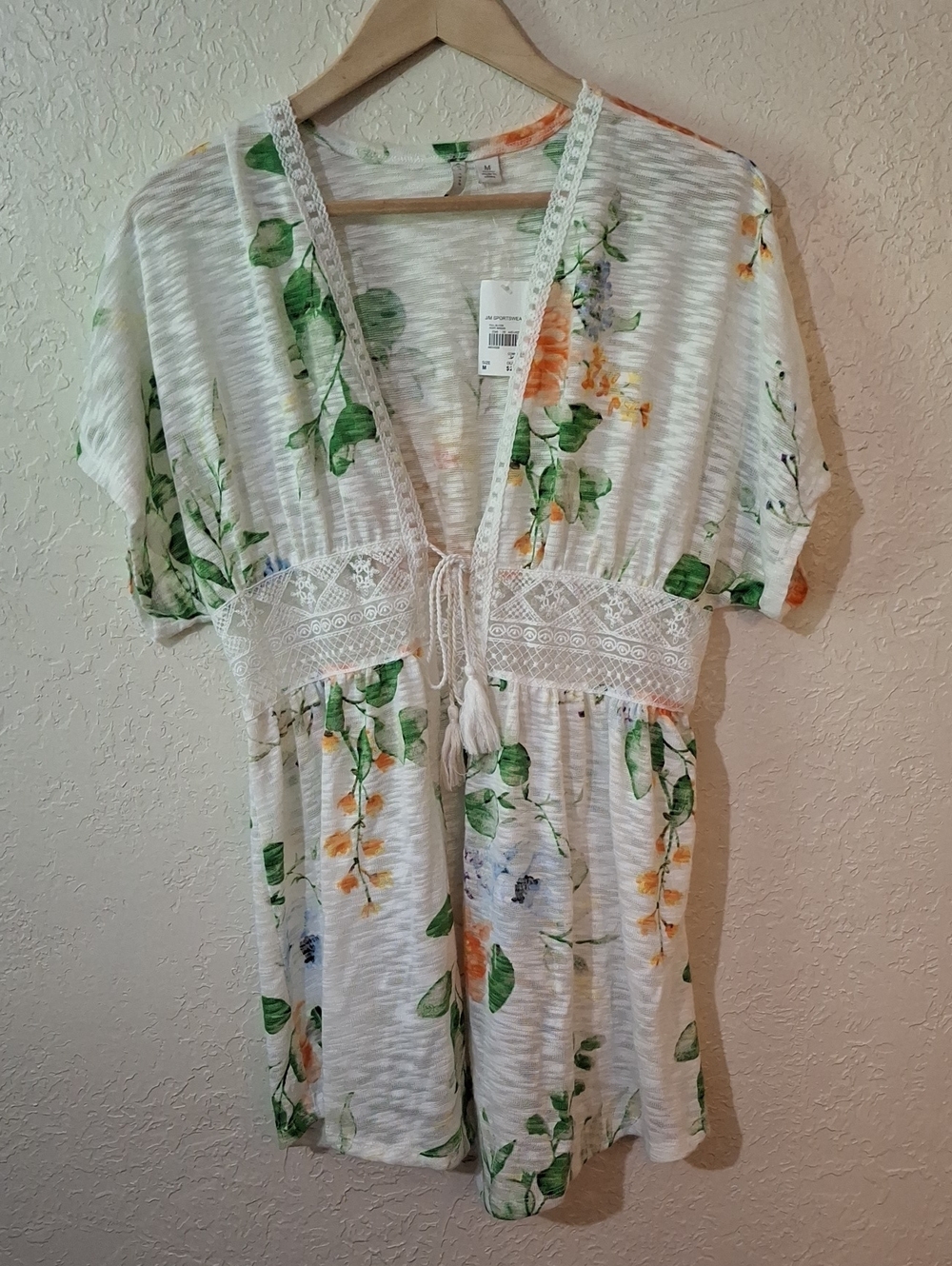 Cato Floral Lace-Trim Open Cardigan in White with Green & Orange Print